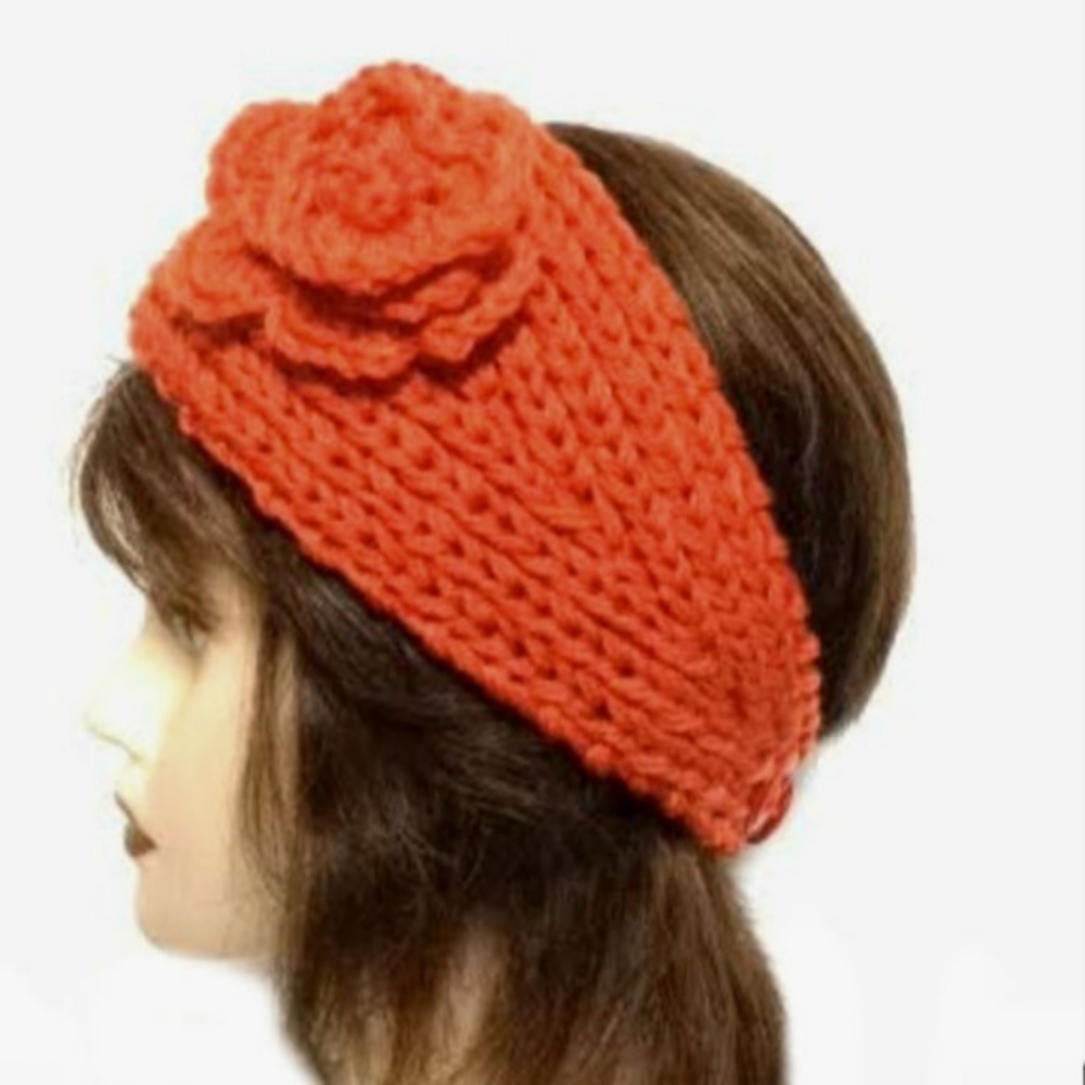Orange Crochet Knit Flower Headband Ear Warmer